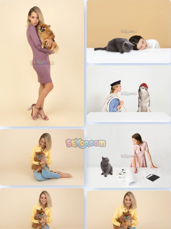 美女养猫猫小狗宠物生活场景JPG摄影照片壁纸背景图片插图设计素材插图1