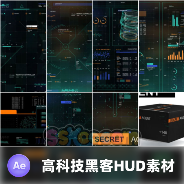 HUD高科技黑客后台数据显示图表元素合成后期动态视频科幻AE模板
