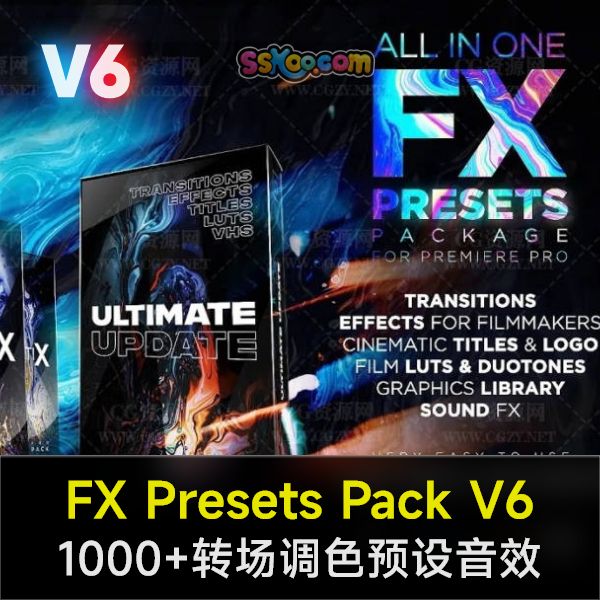 PR模板|FX Presets Pack V6-1000种视觉特效电影文字标题转场LOGO动画素材背景音效LUTS调色预设包下载