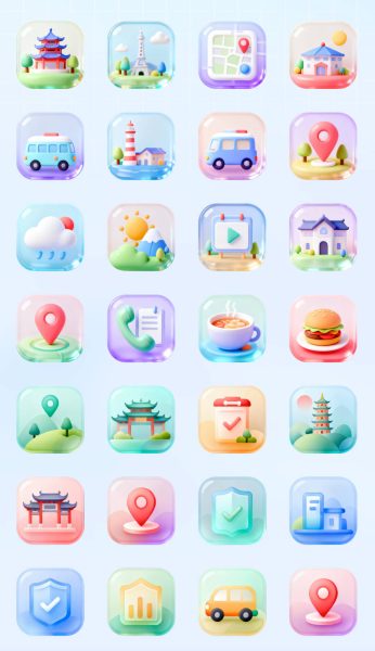 3D旅游类APP金刚区ICON图标-PNG免抠图片素材【AIGC作品】