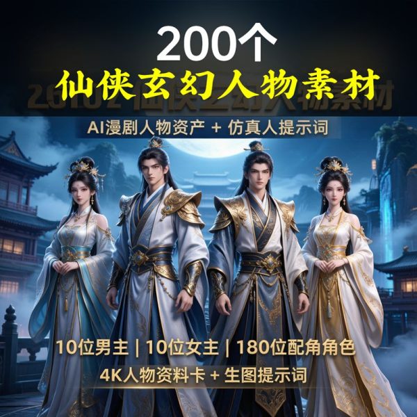 【200个仙侠玄幻人物素材】AI漫剧仿真人提示词库｜一键生成4K级角色大片！