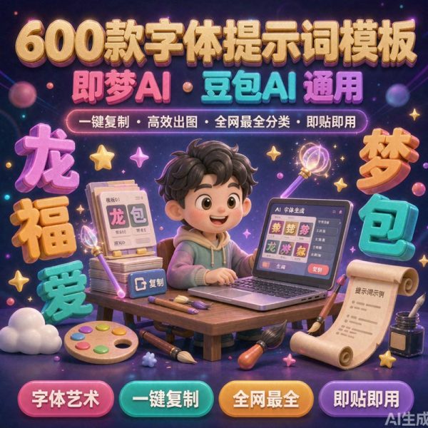 600款-即梦AI/豆包AI字体提示词Prompt模板｜一键复制 · 高效出图 · 全网最全分类 · 即贴即用