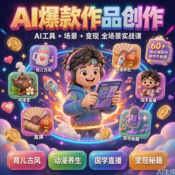 AI爆款作品创作｜AI工具 + 场景 + 变现全场景实战课｜60+ 种AI爆款内容创作秘籍，覆盖育儿、古风、动漫、养生、国学、直播