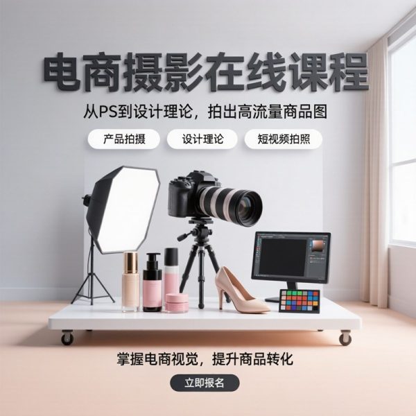 电商摄影在线课程，从PS到设计理论，把握电商短视频拍照，制做高流量照片