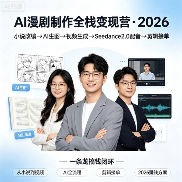 023-AI漫剧制作全栈变现营·2026｜小说改编→AI生图→视频生成→Seedance2.0配音→剪辑接单，一条龙搞钱闭环