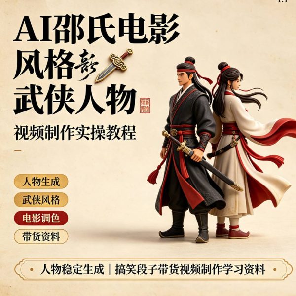 ⚔️ 邵氏武侠风AI视频实操课｜人物稳定生成密训｜搞笑段子带货｜商业短视频｜附赠专业提示词库